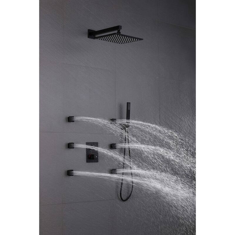 12" LED Wall Rainfall Shower 3 Way Thermostatic Faucet System w/ 6 Body Jets