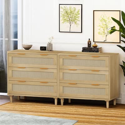 3-Drawers Rattan Storage Cabinet Rattan Drawer (Set of 2),for Bedroom,Living Room,Dining Room,Hallways,Oak