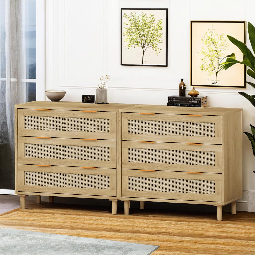 3-Drawers Rattan Storage Cabinet Rattan Drawer (Set of 2),for Bedroom,Living Room,Dining Room,Hallways,Oak