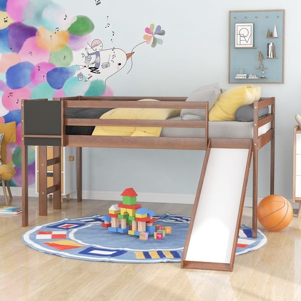 slide 2 of 14, Full Size All-in-One Wood Loft Bed w/ Slide, Stair & Chalkboard Creative Platform Bed Frame for Kids, Teens, Girls, Boys, Walnut Walnut