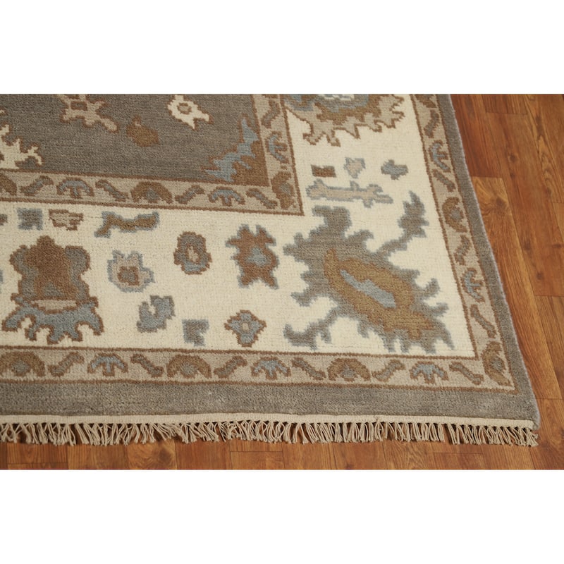 Gray Oushak Indian Area Rug Handmade Floral Transitional Wool Carpet - 7'11" x 10'1"