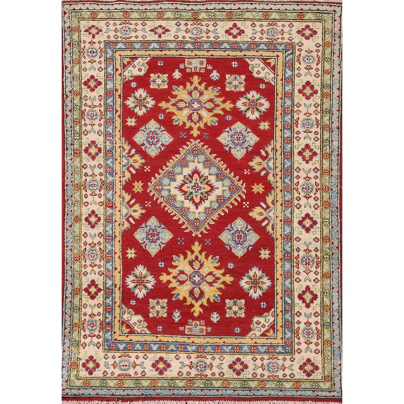 Red Kazak Oriental Accent Rug Handmade Wool Carpet - 3'4"x 4'10"