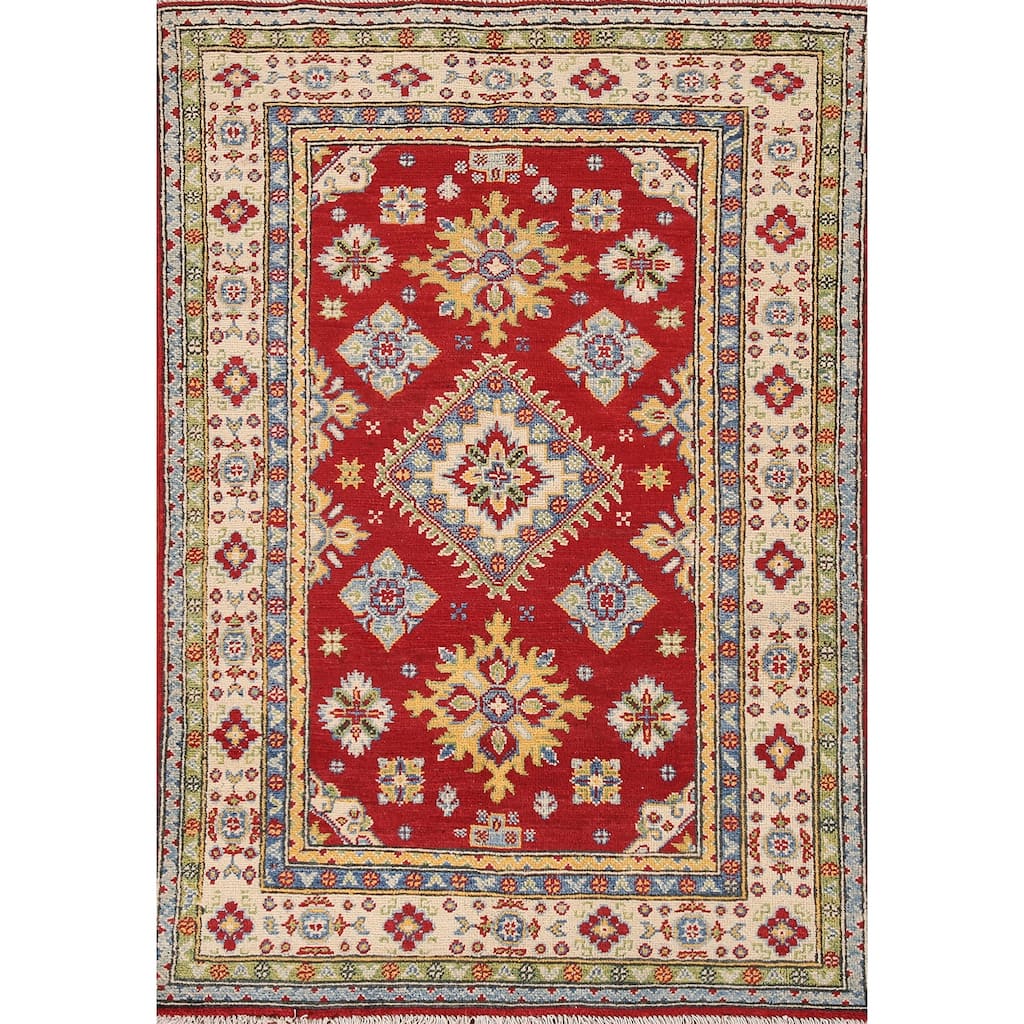 Red Kazak Oriental Accent Rug Handmade Wool Carpet - 3'4"x 4'10"