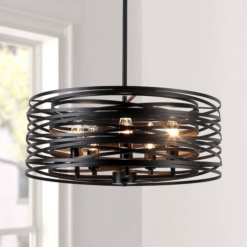 Farmhouse 5-Light Metal Drum Shape Pendant Light for Kitchen Island Entryway - Black