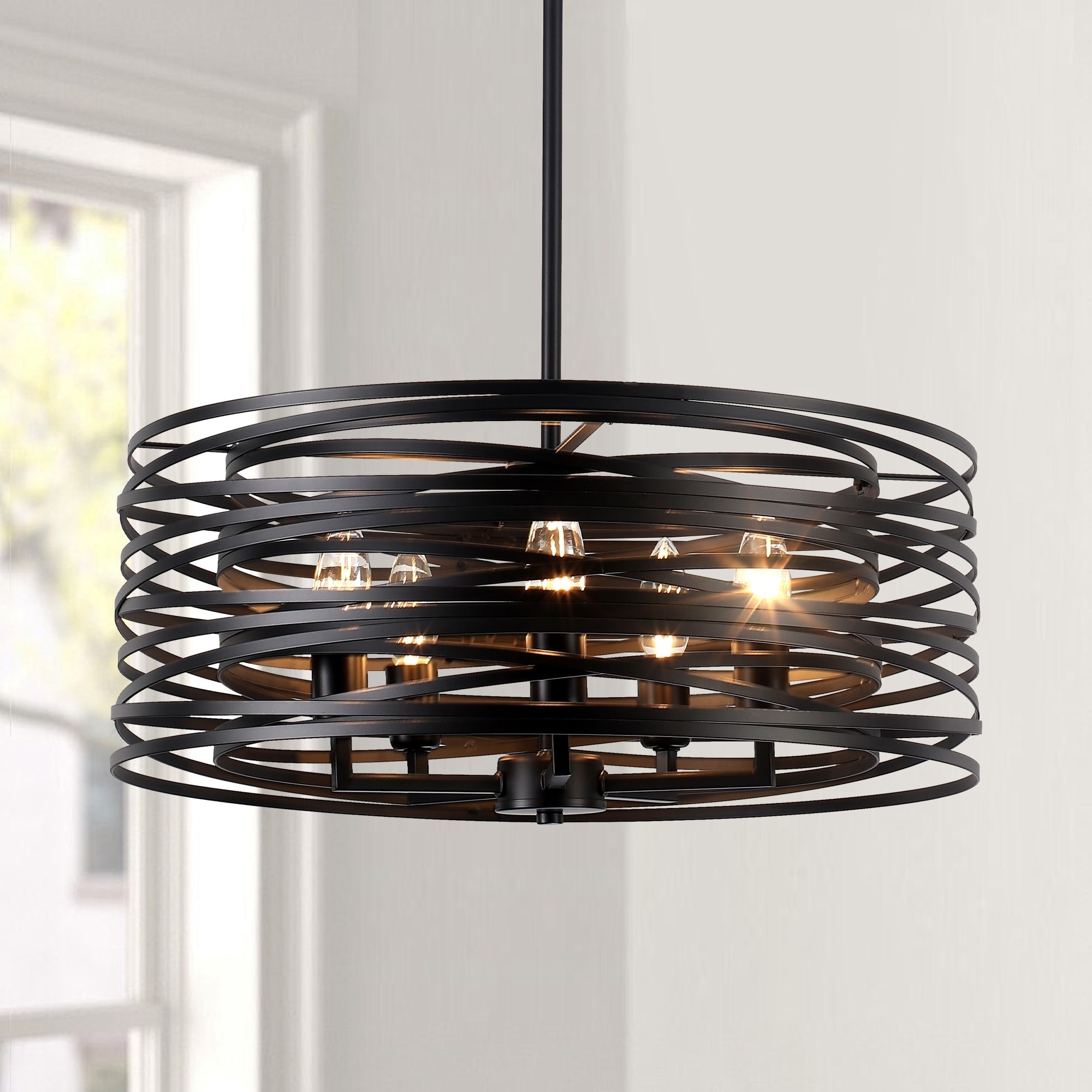Farmhouse 5-Light Round Metal Spiral Drum Pendant Light for Kitchen Island