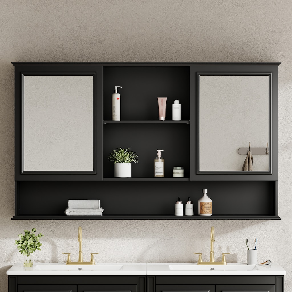 Christopher Knight Home - Moreno Wall-Mounted Bathroom Medicine Cabinet Wood with Double Mirrored Doors and Adjustable Shelves