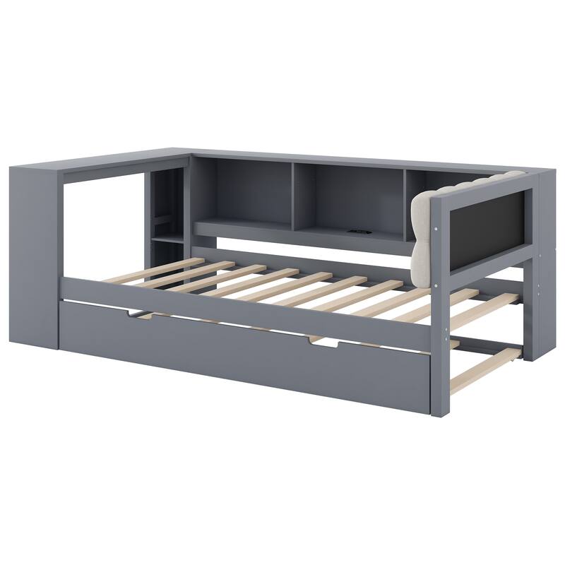 Wood Full/Twin Platform Bed with Storage Shelves, Trundle, Charging Station & Upholstered Headboard