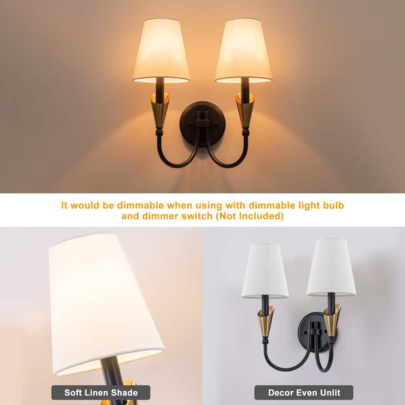 2-Light Matte Black & Gold Wall Sconce Traditional Fabric Shades