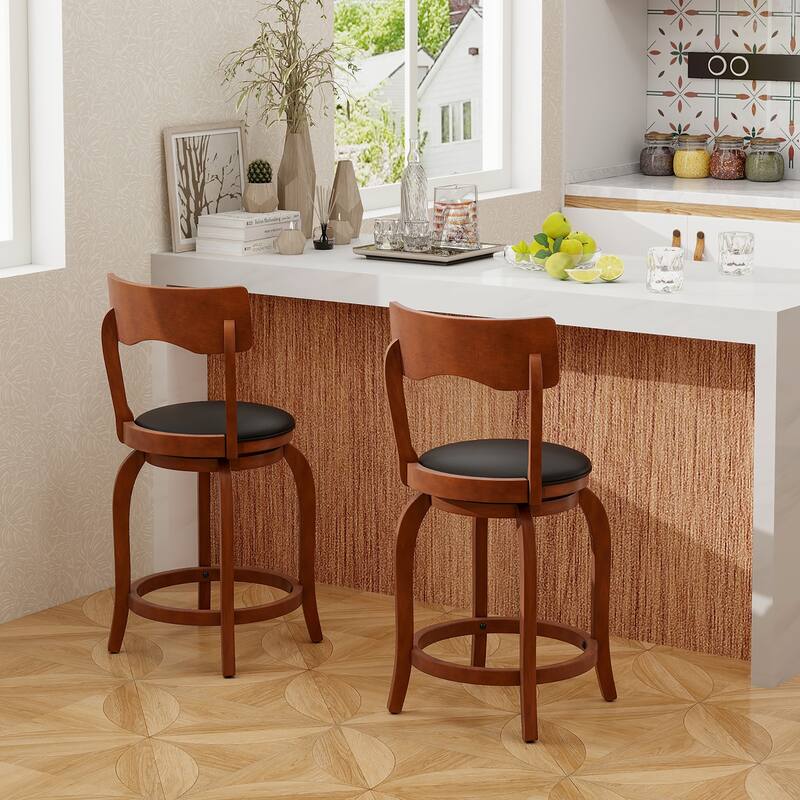 Gymax 24'' Swivel Bar Stools Set of 4 w/ Rubber Wood Frame Upholstered