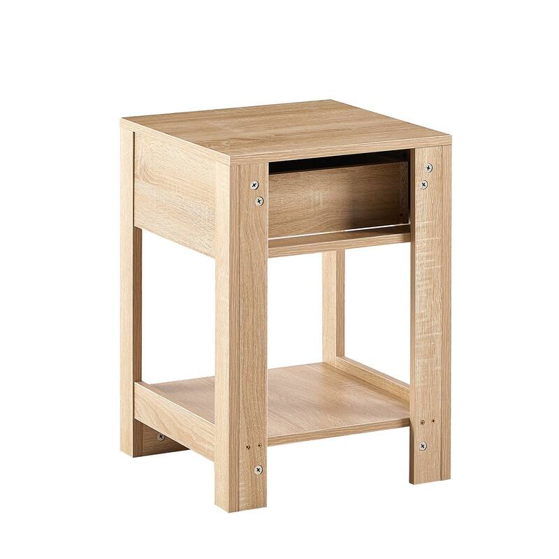 Mid-Century End Table with Storage Drawer and Open Shelf Rattan Bedside Table Small Side Table
