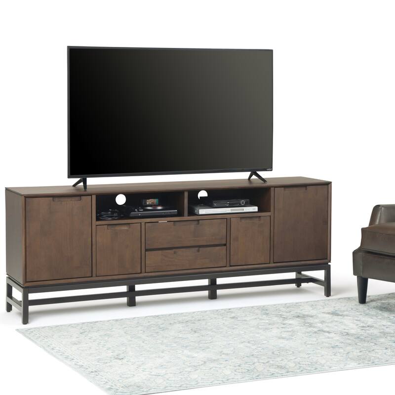WYNDENHALL Devlin SOLID HARDWOOD 72 inch Wide Industrial TV Media Stand in Walnut Brown For TVs up to 80 inches - Walnut Brown