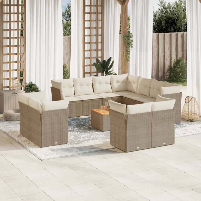 vidaXL Patio Sofa Set with Cushions Outdoor Furniture 12 Piece Poly Rattan - 24.4 x 24.4 x 27.2 - Beige and Cream