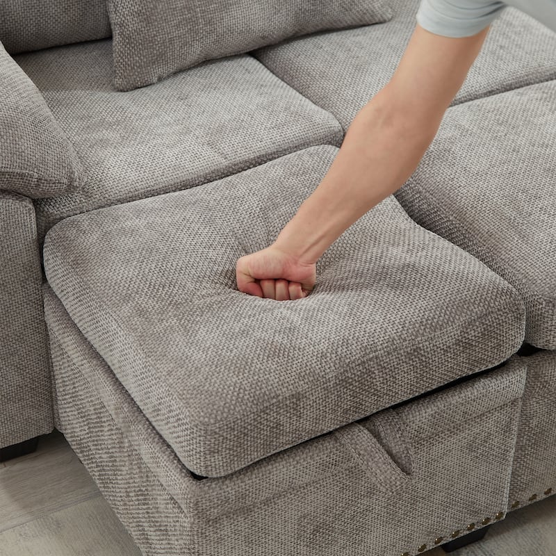 97 Inch L-Shaped Sectional Sofa with Storage Ottoman, Chenille, 7 Seats, Grey