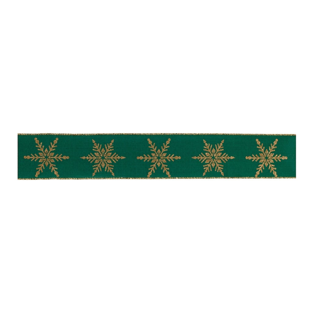 10 Yards Long Set of 2 Green Gold Wired Polyester Ribbon with Snowflake Print for Gift Wrapping - 360”L x 2.5”W x 0.25”H