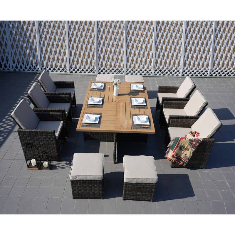 11-Piece Patio Wicker Aluminum Dining Table Set w/ Chairs and Ottomans