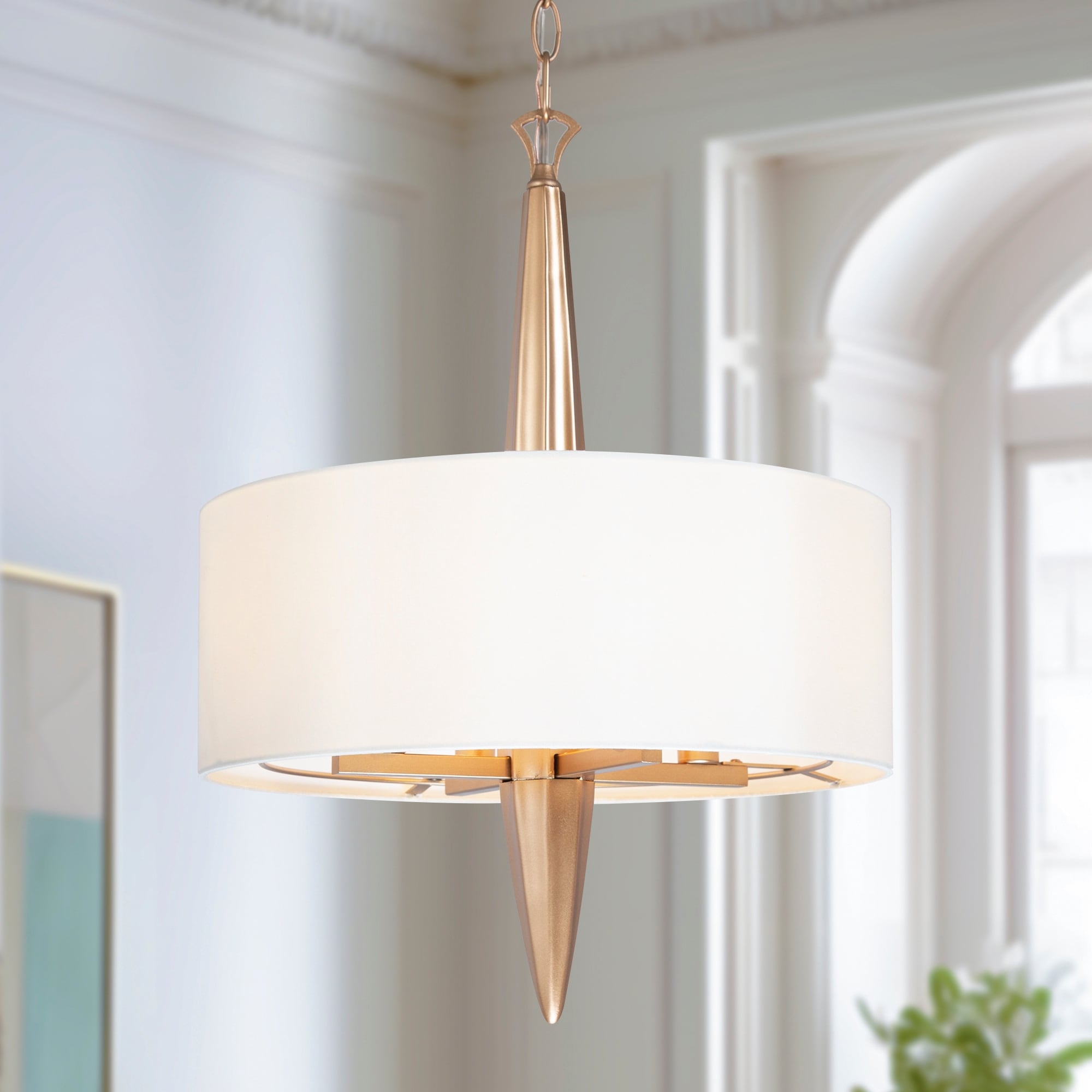 Mid-Century Modern 4-light Drum Brass Chandelier Fabric Shade Hanging Lights for Dining Room - D16" x H80"