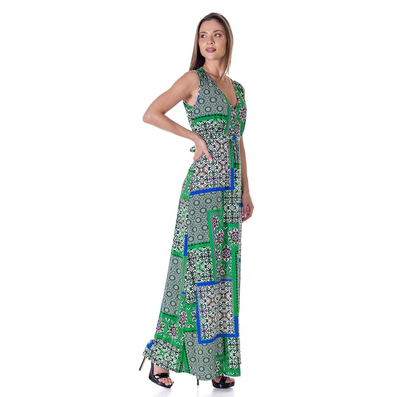 24seven Comfort Apparel Womens Green Scarf Print V Neck Empire Waist Sleeveless Maxi Dress