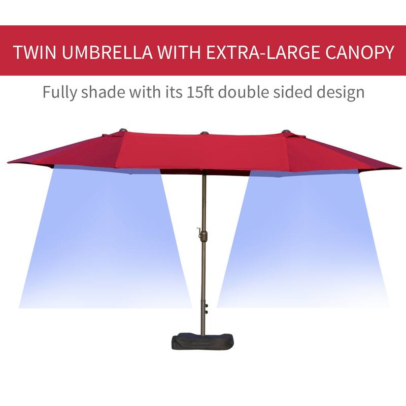 Outsunny Patio Umbrella 15' Steel Rectangular Outdoor Double Sided Market with base, UV Sun Protection & Easy Crank
