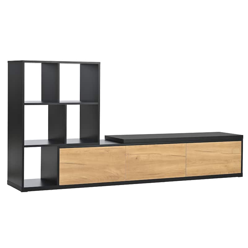 Modern Extended TV Stand with 3-Tier Bookshelves, Storage Cabinets and Sliding Tabletop, for Living Room, Black