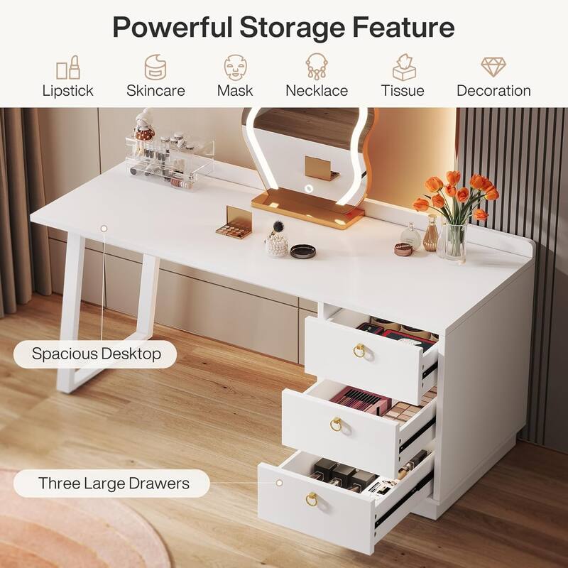 55 Inches White Makeup Vanity Desk with 3 Drawers