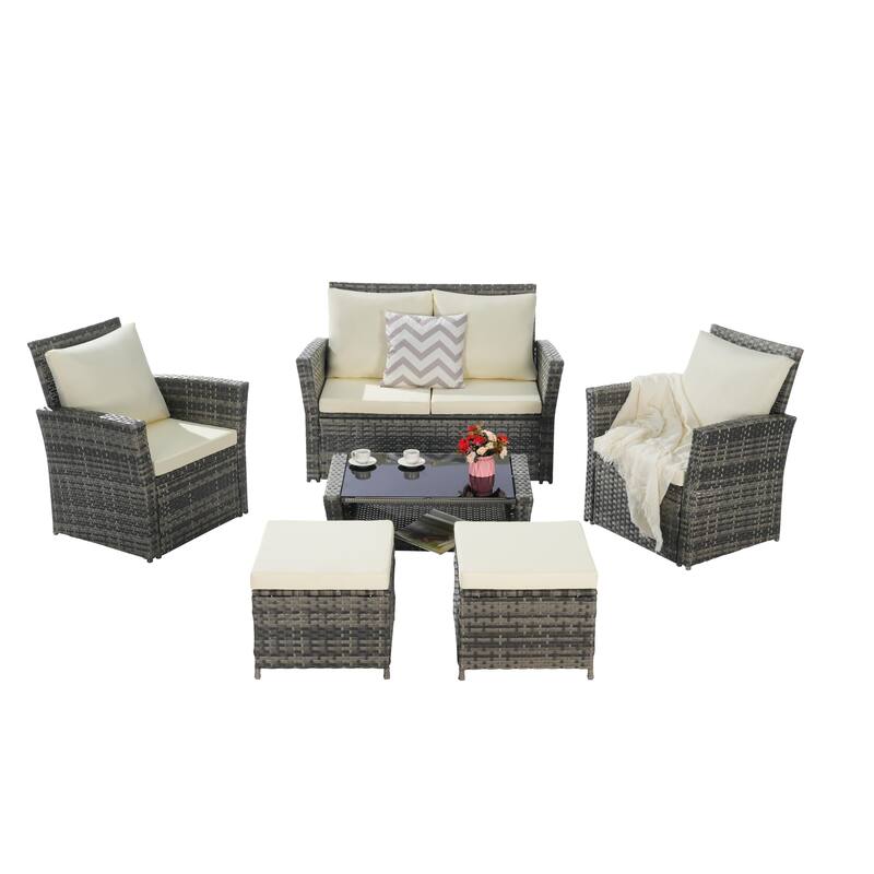 6 Piece Wicker Patio Furniture Sets, Outdoor Sectional Conversation Set with Ottoman and Tempered Glass Coffee Table