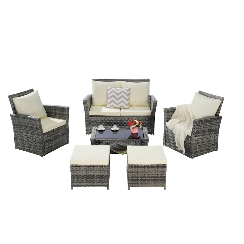 Patio Wicker Furniture Sets with Ottoman & Tempered Glass Coffee Table
