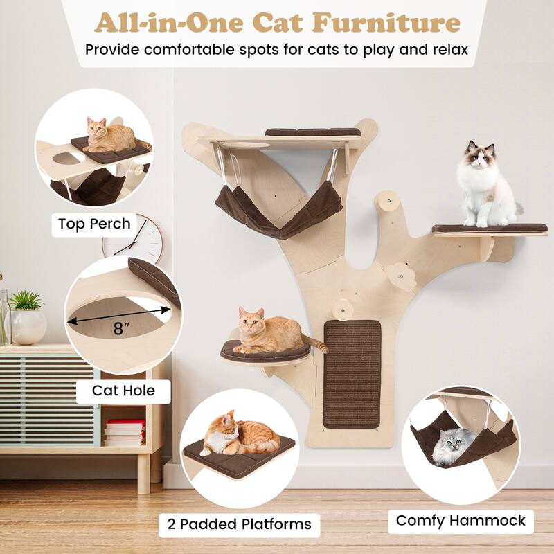 4-Tier Wall Cat Furniture with Scratching Posts Cushioned Perches and Hammock Lounger