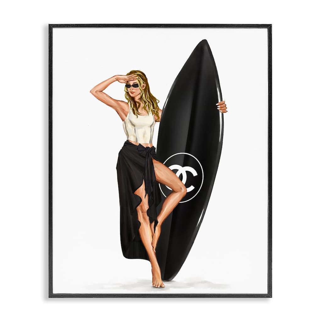 Stupell Trendy Surfer Girl in Black Framed Giclee Art Design By Ziwei Li