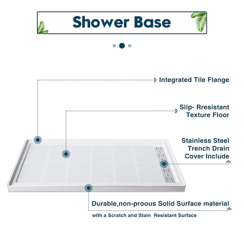 Elegant Rectangular SMC Shower Base 60" L x 32" W x 4" H Right Drain in White with Cover Single Threshold Anti-slip Shower Pan
