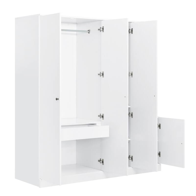 Mirrored Wardrobe Closet 4 Door Wooden Wardrobe with Drawers Large Armoire Closet with Open Storage Space