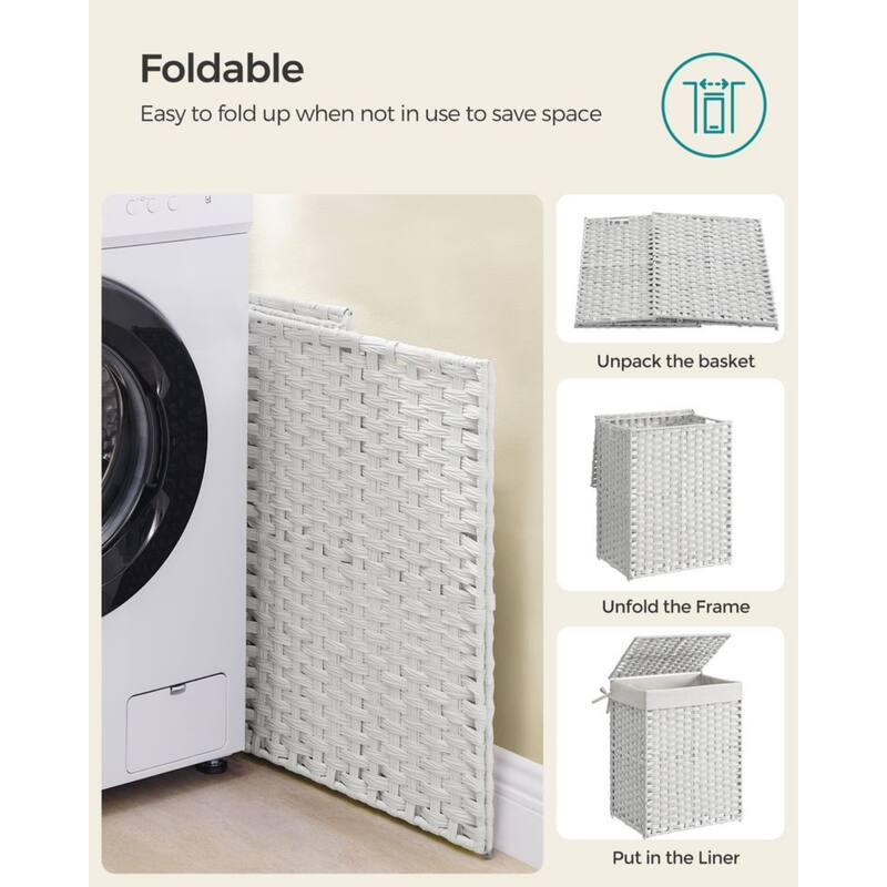 23.8Gallon White Waterproof Rattan Laundry Hamper with Lid and Removable Liner Metal Frame for Small Spaces