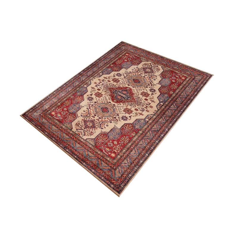 Southwestern Super Kazak Romeo Beige/Blue Hand Knotted Wool Rug - 5'5'' x 8'1''