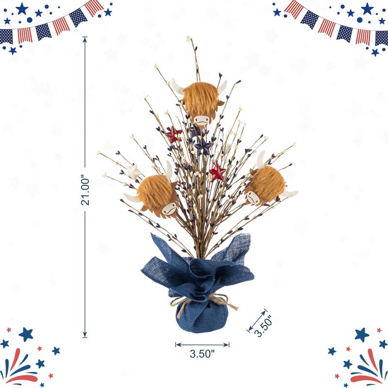 Glitzhome 21"H Patriotic/ Americana Highland Cow and Berry Table Tree