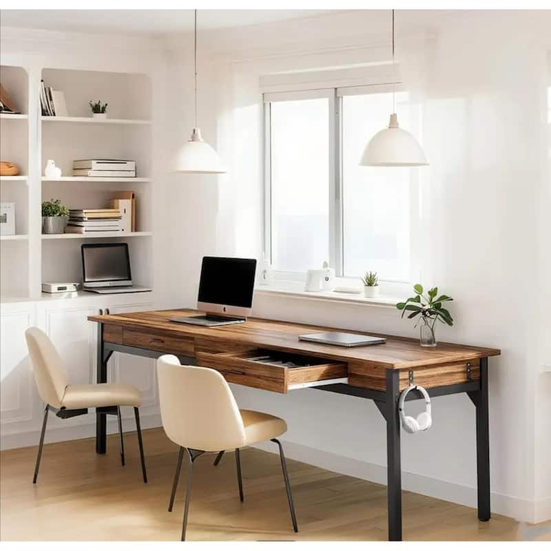 78.7"Extra Long Double Office Desk, Executive Computer Workstation with 2 Drawers and Hooks, Home Office Desk with Metal Frame