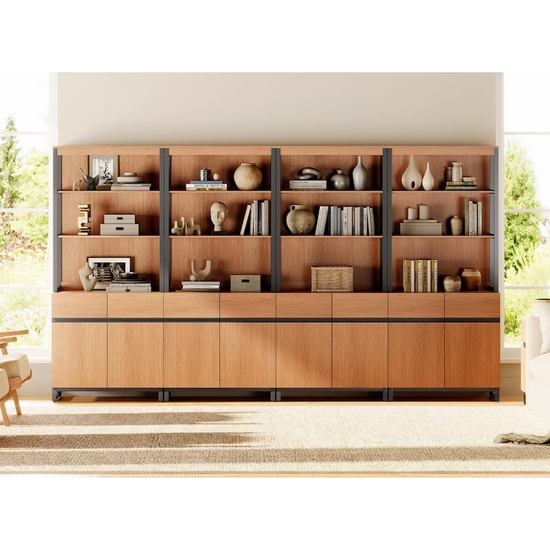 WAMPAT Modern 72" Tall Bookcase with Metal Base and Adjustable Shelves, Library Book Shelf with Storage Cabinet - 4 Piece - Mocha