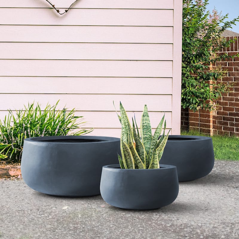 Durx-litecrete Lightweight Concrete Modern Low Bowl Cement Planter-Set of 3 - 19.7'x19.7'x9.8'