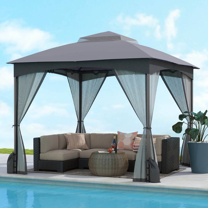 Costway 10 X 10/12 FT Patio Gazebo with Netting Walls 4 Sandbags - Gray 10 X 10 FT