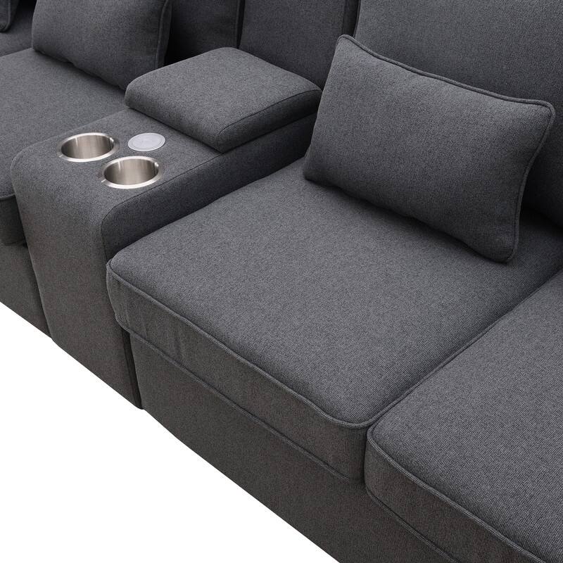 114.2" Modern Linen Fabric Sectional Sofa with Central Console, 2 Cupholders and Charging Station,4 Pillows