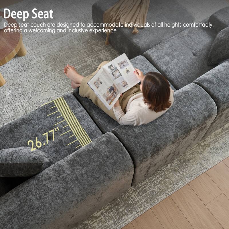 118 inch Oversized 3 Seater L-Shaped Chenille Boneless Modular Sectional Sofa Couch with Movable Ottoman