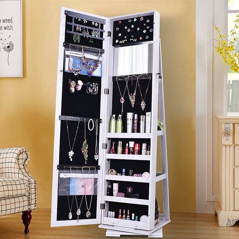 360 Degree Rotation Full-Body Mirror Cabinet Storage Jewelry Storage White
