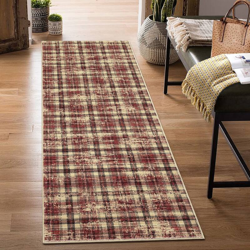 Washable Area Rugs for Living Room Bedroom Modern Plaid Rug Soft Non Slip Low Pile Farmhouse Geometric Rug - 2'x6' - Red
