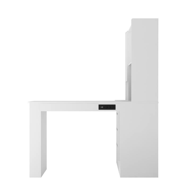 L Shaped Desk Corner Computer Desk Office Desk Study Table Writing Desk Gaming Computer Desk wCharger LED Drawers Bookshelf