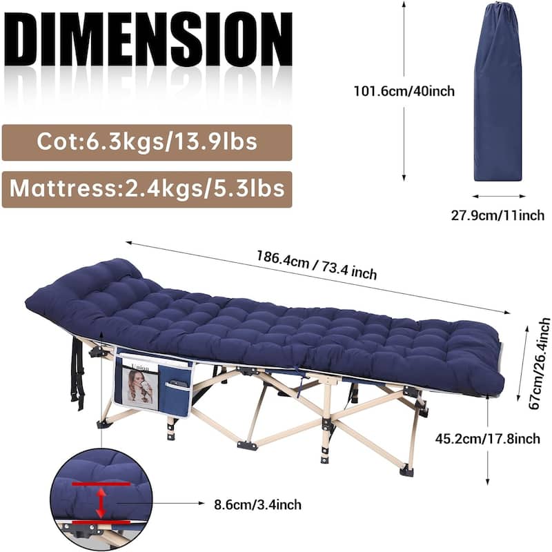 Camping Cot, Folding Camping Cot Folding Cot for Adults with Mattress, Pillow and Side Mesh Holders Holds Weights Up to 500Lbs