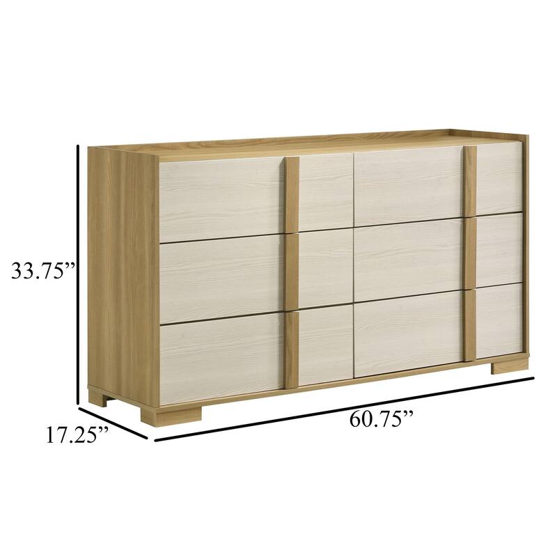 Hyle Wide Dresser, 6 Drawers, Modern Natural Brown and White Finish