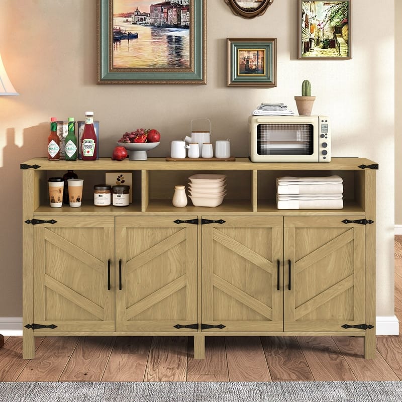 Modern 4-Door Sideboard Buffet with Power Outlets Adjustable Shelves and Half-Open Storage Design - Natural