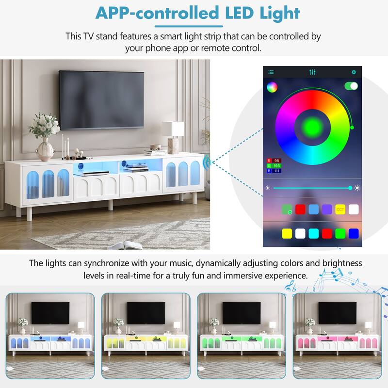 LED TV Stand for Living Room, Entertainment Center for TVs Up to 80" with Wood Legs, Storage Media Console with 2 Drawers