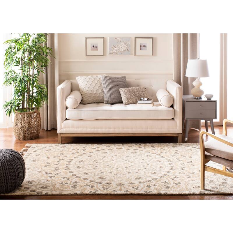 SAFAVIEH Handmade Blossom Misaki Modern Floral Wool Rug - 8' Square - Ivory/Taupe