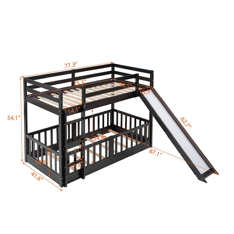 Solid Wood Twin Over Twin Size Low Bunk Bed with Slide and Ladder