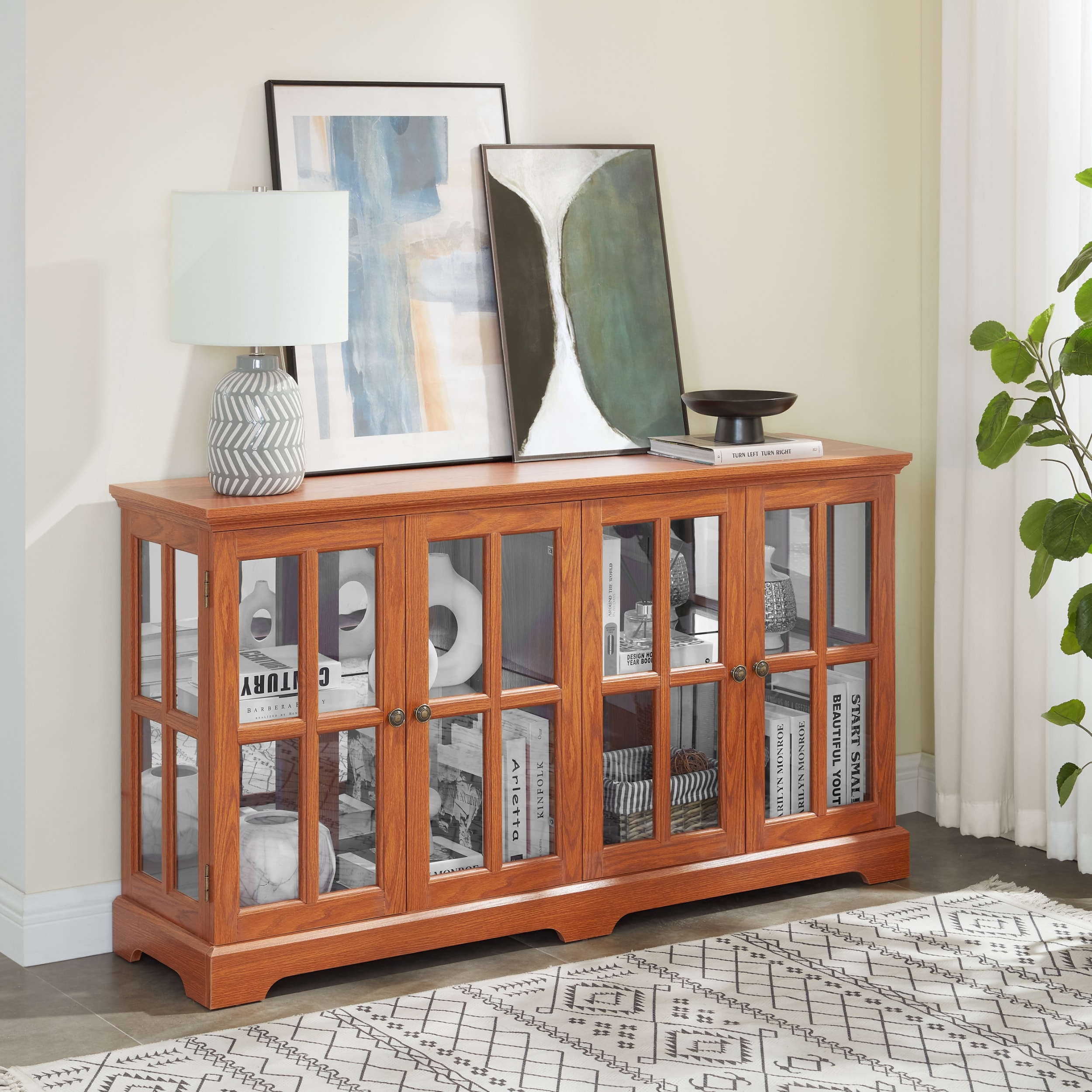 GDFStudio - American Traditional LED Glass Curio Display Cabinet with Adjustable Shelves and Four-Door Storage