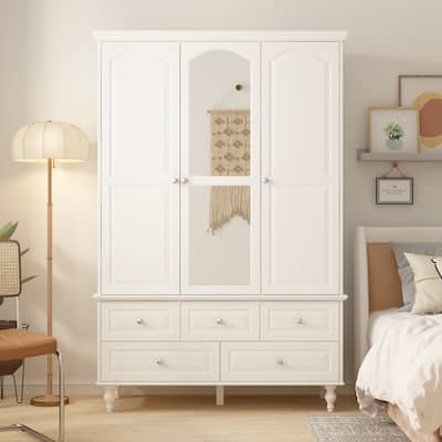 47.2" Lacquered Armoires Wardrobes With Mirror Door 5 Drawer in White